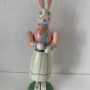 EASTER WOODEN RABBIT CANDLE HOLDER 11.5" German Style Wood Rabbit Mrs. BUNNY